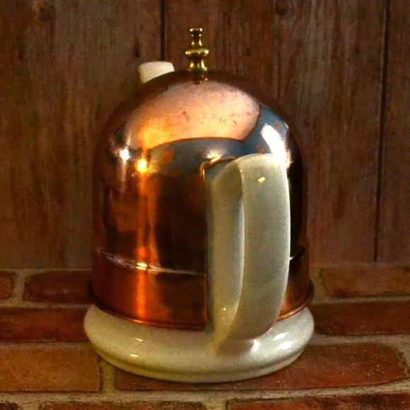 Vintage Baker Hart And Stuart White Teapot With Copper Cozy Rustic Country Charm - Picture 2 of 10
